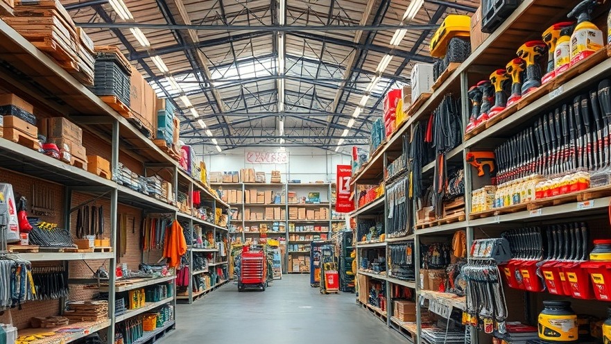 Großer Baumarkt Innenansicht mit Werkzeugregalen zum Baumarkt Abverkauf