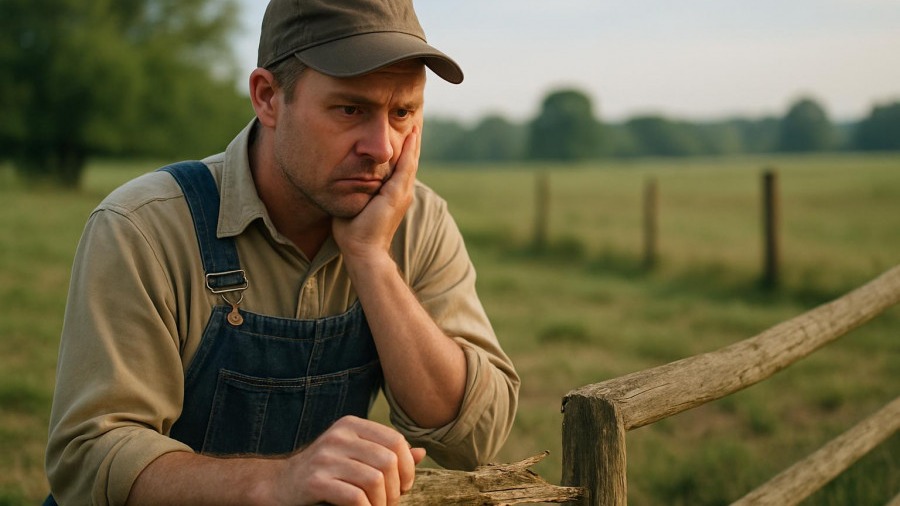 Worried farmer inspecting a broken fence in a serene, rural field.