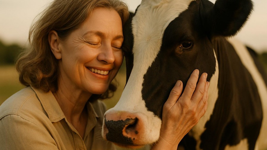 Smiling woman connects with her cow, showcasing Milchviehzucht's emotional bond.