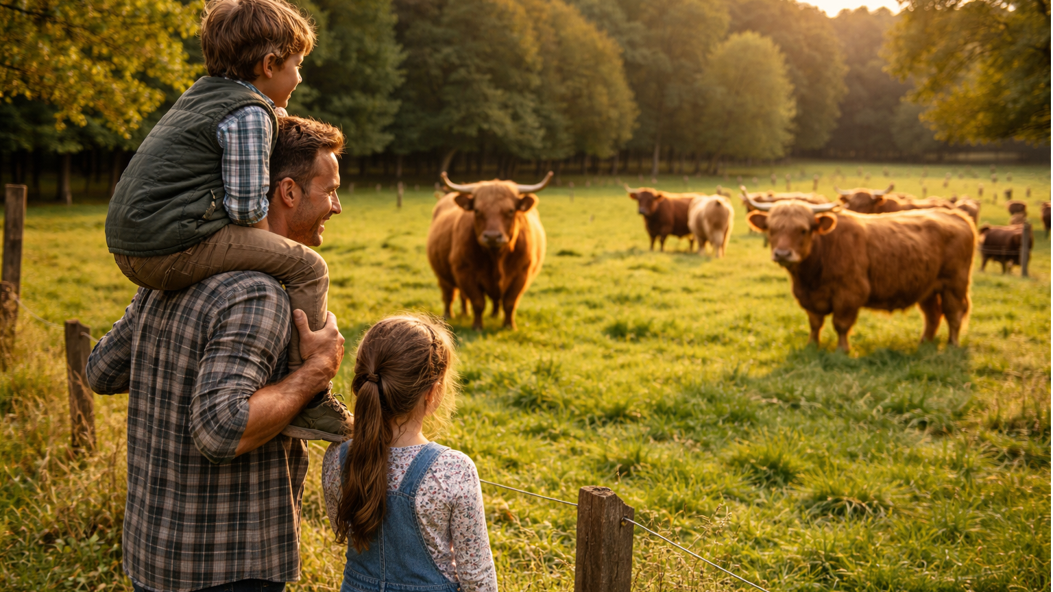 Eine Familie beobachtet Hochlandrinder auf der Weide