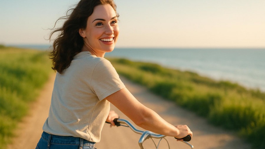 Young woman biking through norddeutsche Landschaft, embracing aktive Erholung.