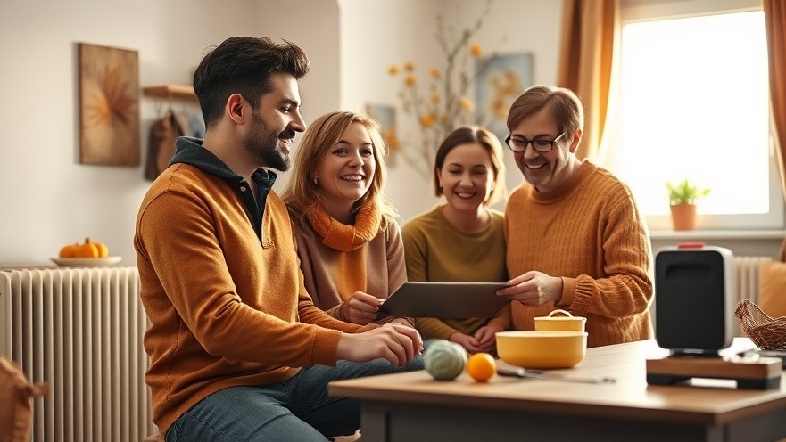 Glückliche Familie bei Heizungswartung im gemütlichen Wohnzimmer, das Energiekosten sparen fördert.