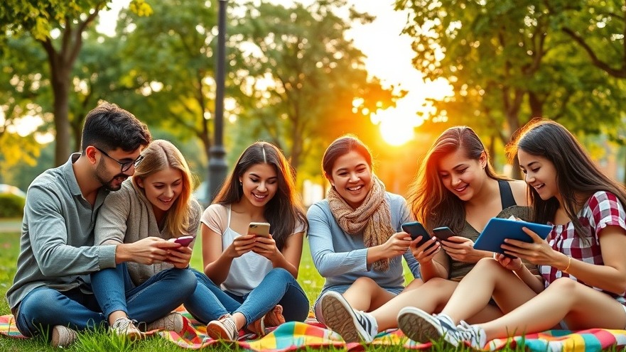 Young adults enjoying flexible Mobilfunktarife in a park, connecting with smartphones.