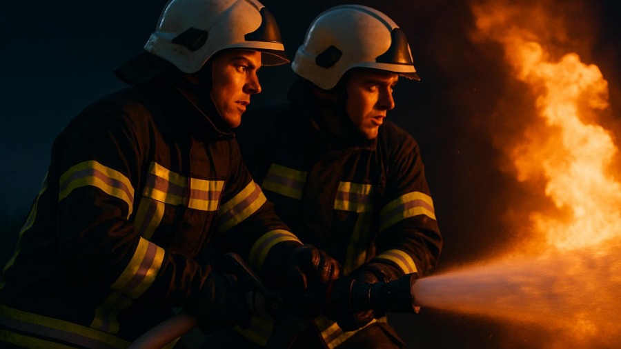 German firefighters in action, focused on safety during a fire emergency.