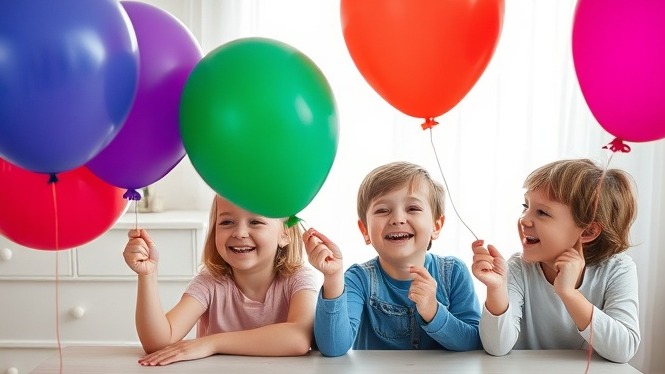 Fröhliche Kinder mit bunten Ballons fördern soziale Fähigkeiten und kognitive Entwicklung.