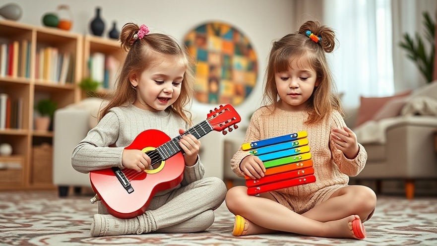 Young girls playing with colorful Musikspielzeug, promoting kindliche Entwicklung in a cozy living room.