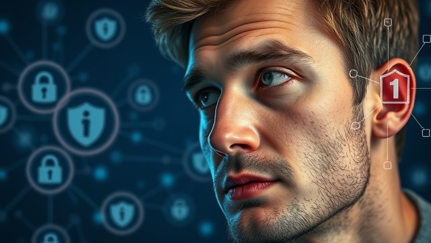 Emotionaler Mensch denkt über Datenschutz und persönliche Daten nach, umgeben von Symbolen.