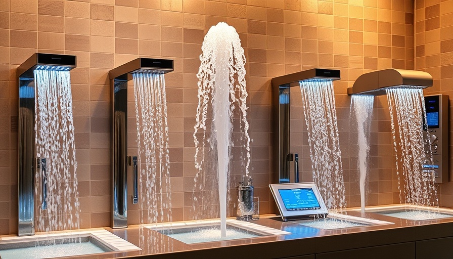 Modern geysers streaming water, tiled background, choosing the right geyser.
