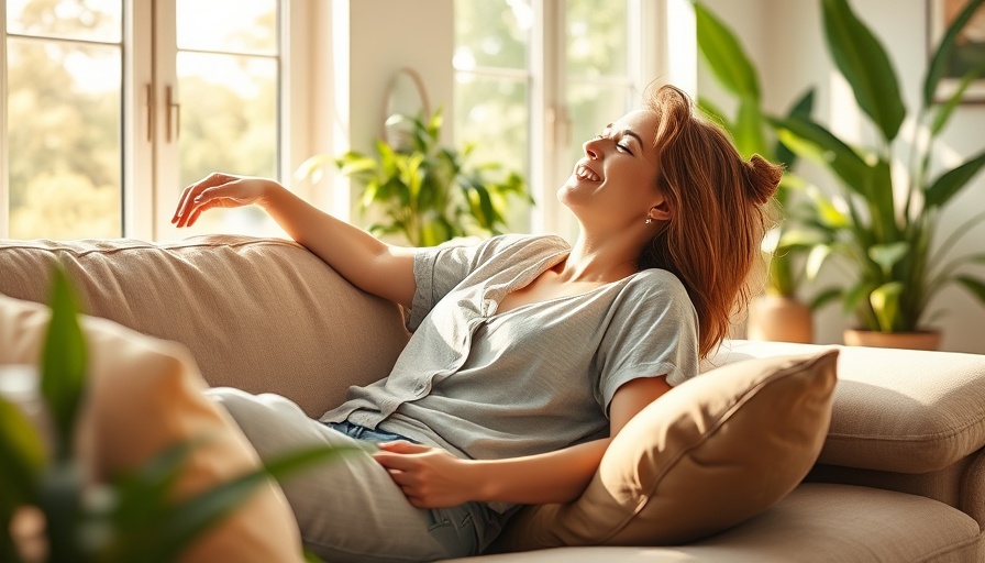 Woman relaxing on couch with natural lighting in summer, indicating good indoor air quality.
