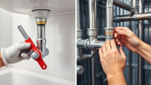 Plumbing pipe replacement signs: hands fixing pipes with tools.