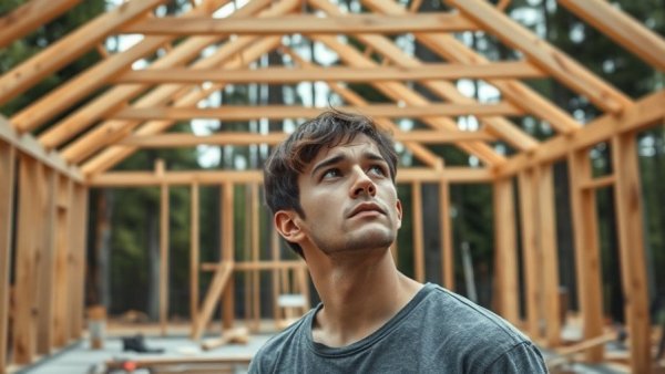 Young man at a construction site contemplating home design in a forest.