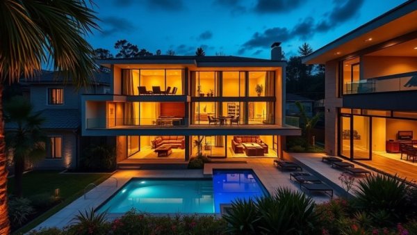 Modern home with glass facade and landscaping seen at night, design decisions before building a custom home.