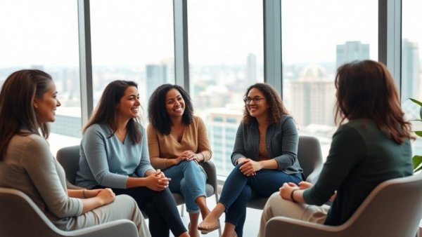 Women in trauma counseling in Connecticut group session with city view.