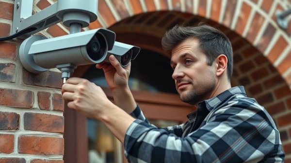 A person installing a security camera on a brick arch.