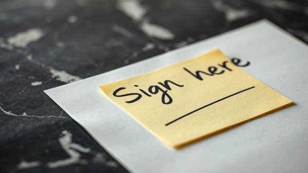 Close-up of a document with 'sign here' note on a marble background.