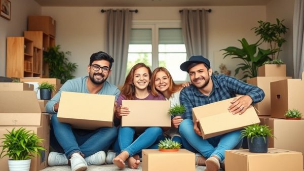 Young family transforming family's moving experience in new home with boxes.