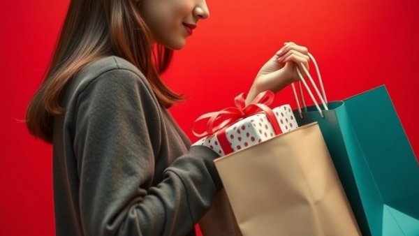 Early holiday shopping with a focus on wrapped gift selection against a red background.