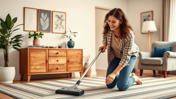 Content woman cleaning carpet, illustrating carpet cleaning frequency.