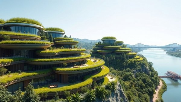 Sustainable architecture in Connecticut featuring terraced green buildings by a river.