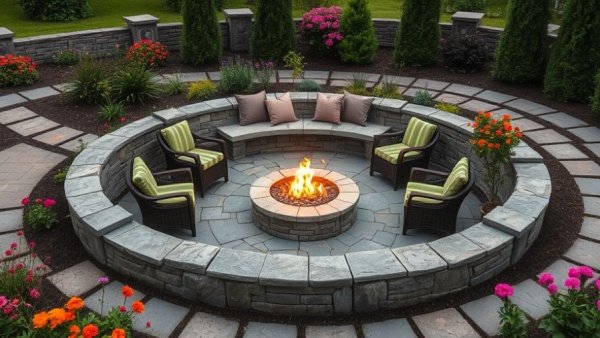 Charming low-maintenance outdoor space with hardscaping and circular patio.