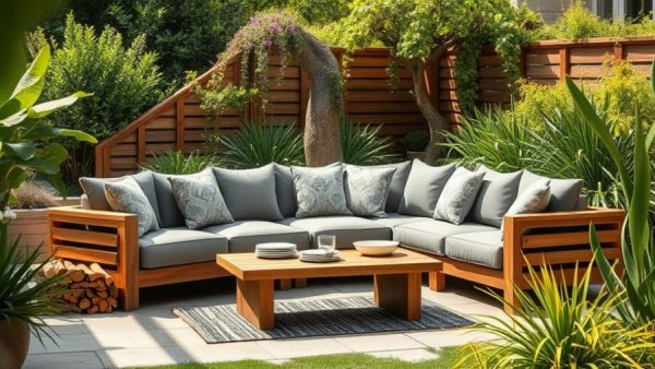 Contemporary patio setup with grey sectional sofa and wooden accents.
