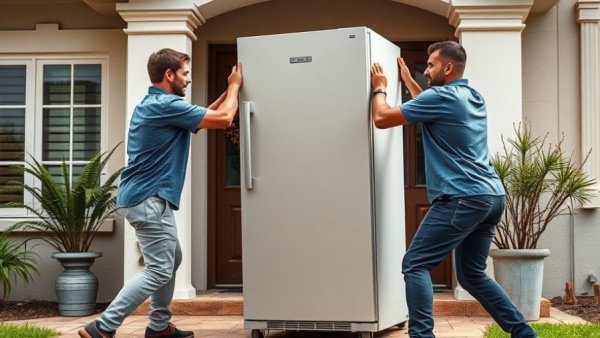 Two men lifting a fridge freezer outside house, fridge freezer disposal.