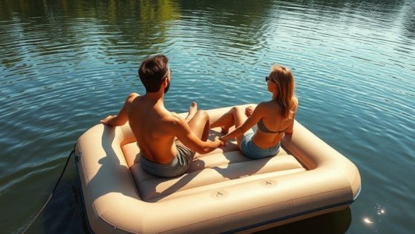 Couple on an inflatable dock in Connecticut lake, enjoying sunny day.