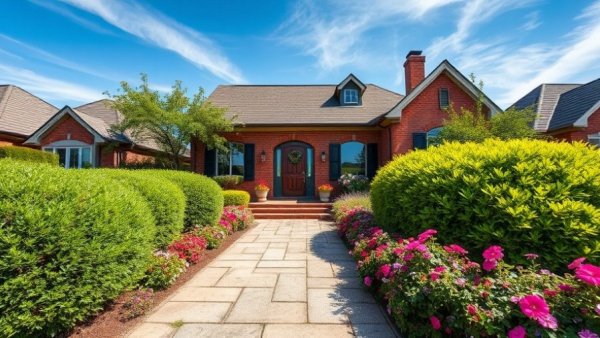 Beautifully maintained brick house with stone pathway for seasonal masonry maintenance.