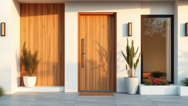 Modern cedar front door with glass panels, minimalistic style.