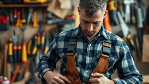 Professional handyman adjusting tools, red helmet in hand.
