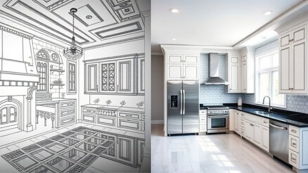 Split view showing kitchen design and renovation, Homeowners Renovating Kitchens.
