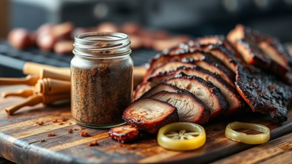 Beer-infused rub with pork slices and onions on a grill.