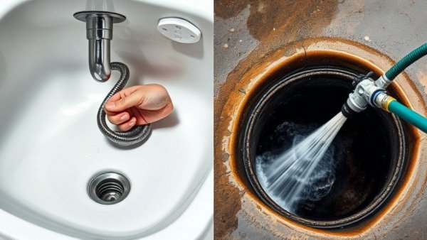 Split image: Sink drain cleaning and hydro jet drain cleaning.