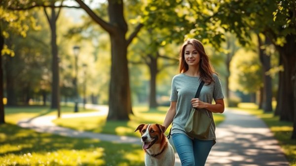 Woman keeping outdoor areas clean by walking her dog in a park.