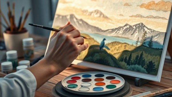 Close-up of hands creating DIY art on canvas, enhancing a warm home setting.