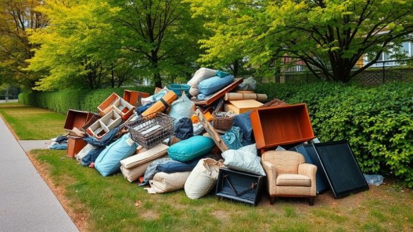 Pile of rubbish for same day clearance next to greenery.