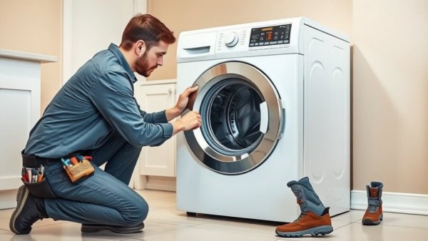Technician repairing essential washing machine parts in a laundry room.