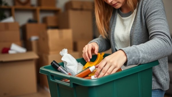 Woman organizing with green bin, benefits of using clear bins for moving.