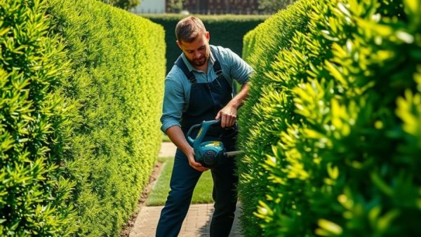 Gardener trimming hedge, showcasing hedge care techniques for homeowners.