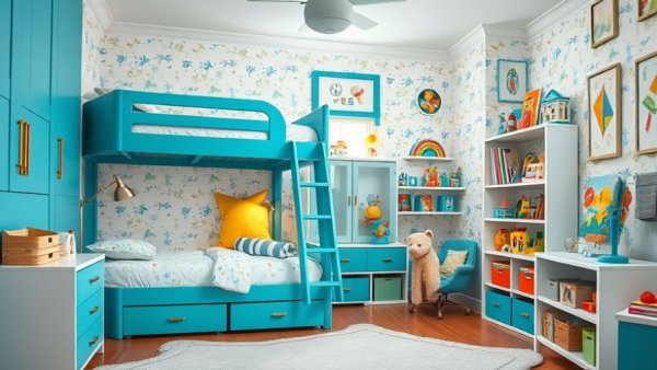 Colorful children's room featuring compact bunk beds for children.
