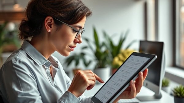 Person using a tablet to check tasks in a modern workspace.