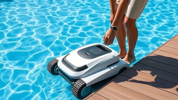 Professional performing pool cleaning service with robotic cleaner.