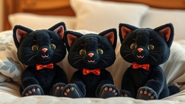 Blackcat Exchange for Quality Products: Plush toy cats in cozy setting.