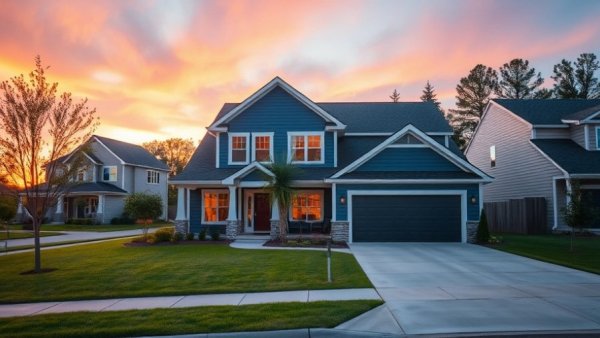 Modern suburban house in Fairfield County at sunset.
