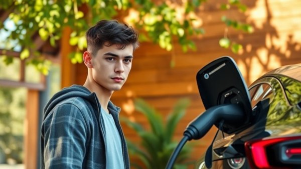 Person using solar-powered EV charging station in sunlight.