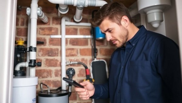 Technician checks whole house water filter system cost in utility room.