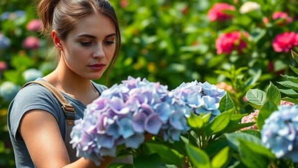 Finding a verified gardener, woman tending to hydrangeas in garden.