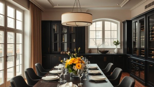 Stylish dining room lighting atmosphere with modern fixture.