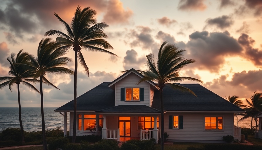 Coastal house with impact windows, palm trees swaying.