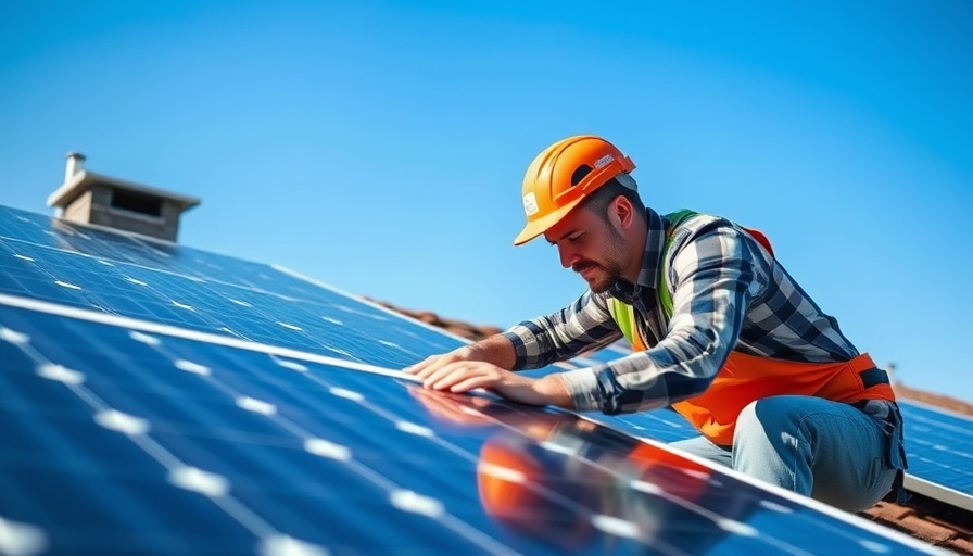 Worker installing solar panels for a solar energy company on rooftop.